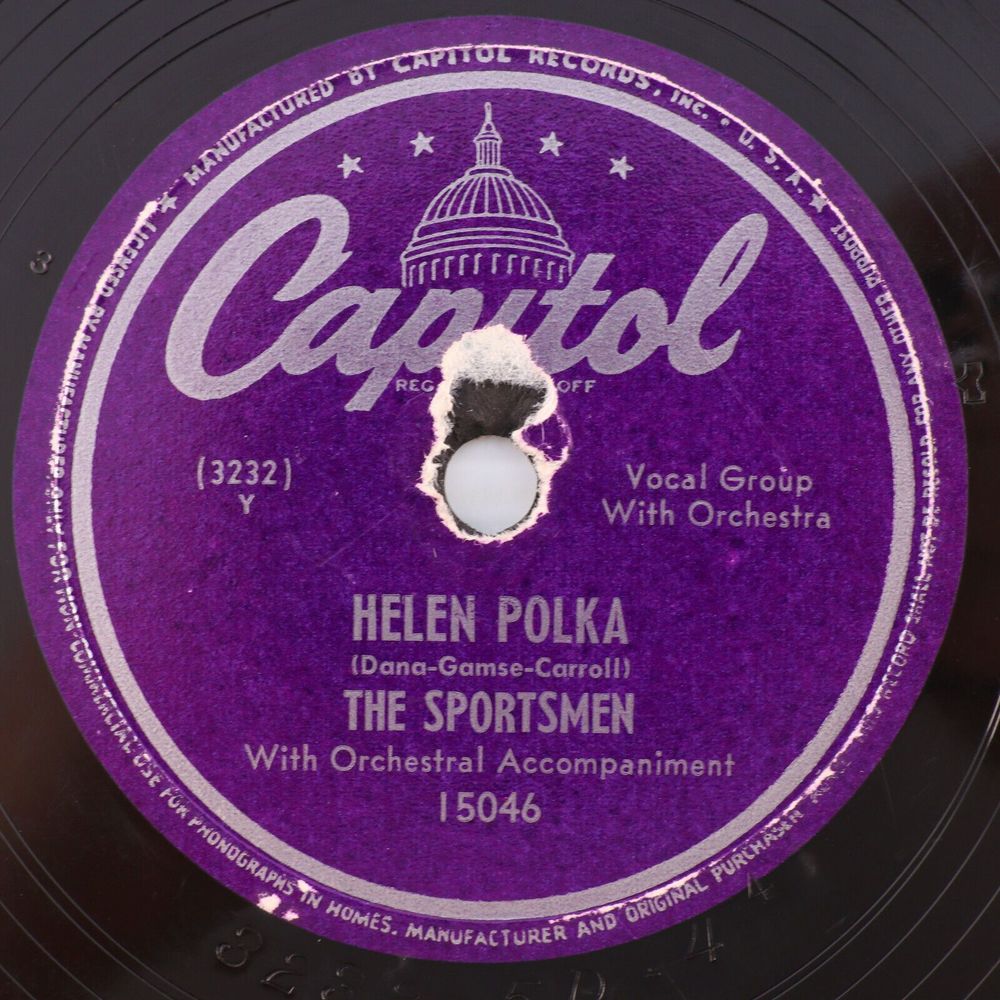 The Sportsmen, Helen Polka / My Wife Has Gone & Left Me 1948 78 rpm Record 15046